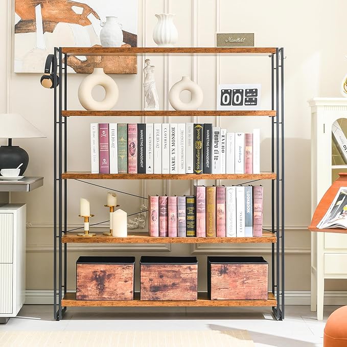 HCHQHS Bookshelf, 5-Tier Industrial Bookcase, Rustic Open Book Shelf, - Image 7