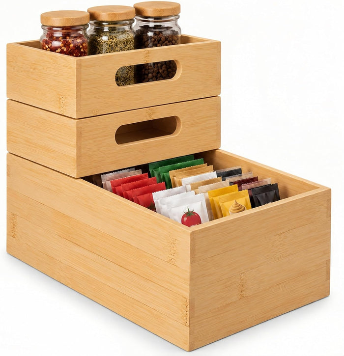 HOMESTEAD 3-Piece Stackable Bamboo Storage Box, Large Storage Bin, Wooden Boxes for Makeup Drawer Organizer Bathroom, Office Supplies, Kitchen Utensils, Bamboo Storage Containers (Medium)
