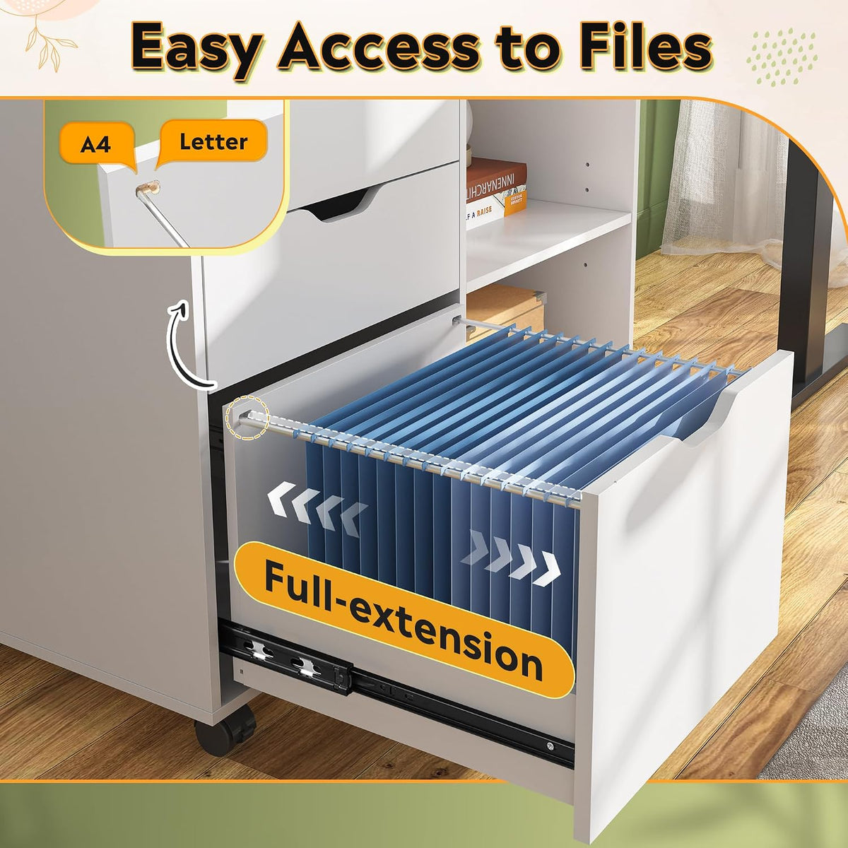 devaise 3 drawer file cabinet, lateral filing cabinet, side view