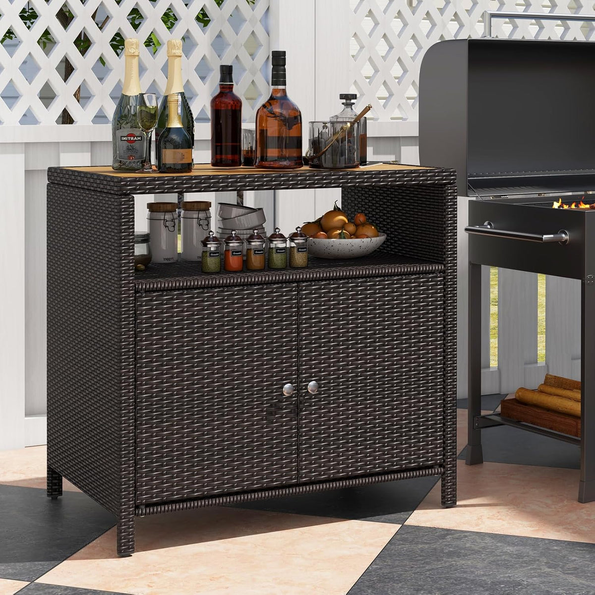 RELAX4LIFE Wicker Outdoor Bar Cabinet - PE Rattan Patio Bar Table w/Acacia Wo...