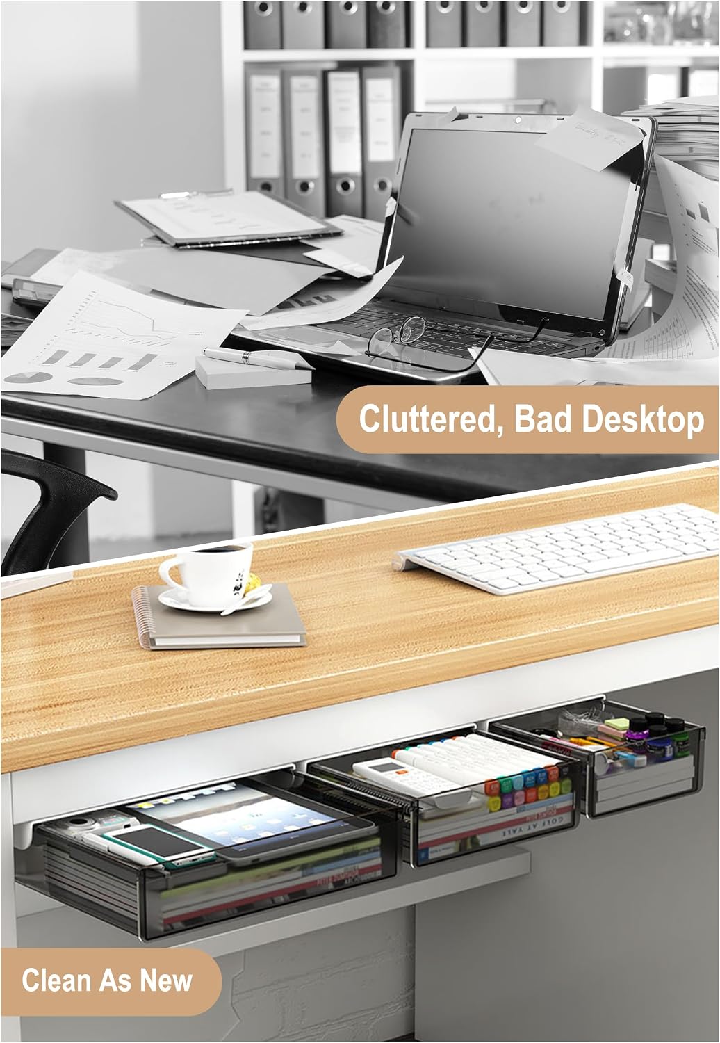 Under Desk Drawer Set of 3, Slide-Out Under Desk Storage Drawers (Large/Mediu...