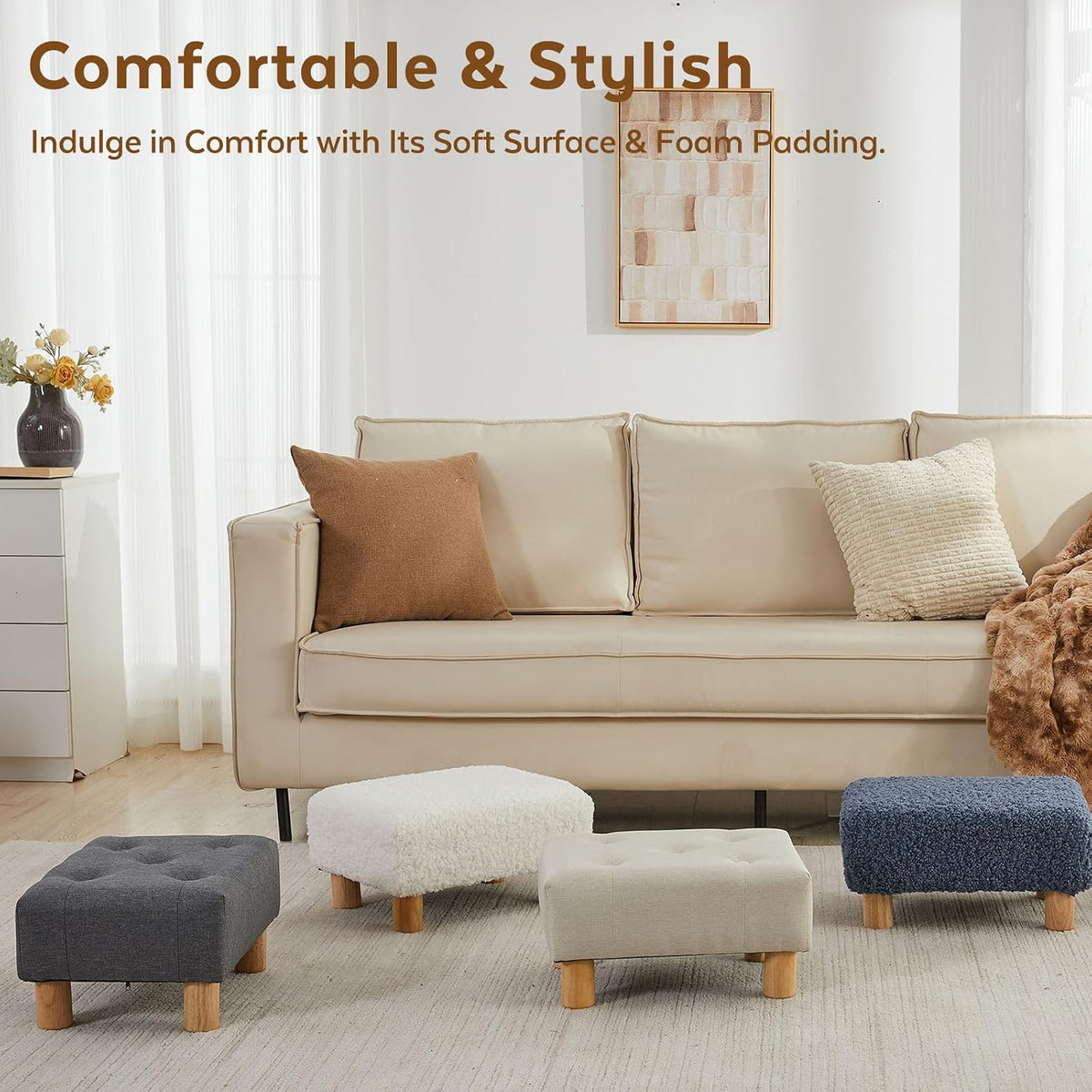 Small Foot Stool Ottoman, Sherpa Footstool Ottoman Foot Rest for Couch, Recta...