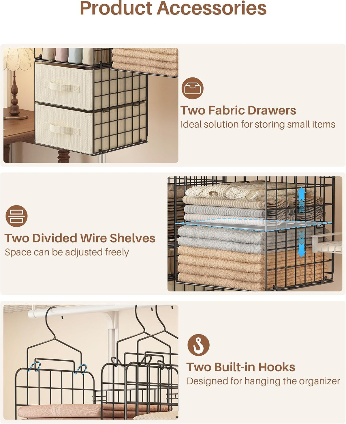 4 Tier Metal Hanging Closet Organizer with 2 Fabric Drawers