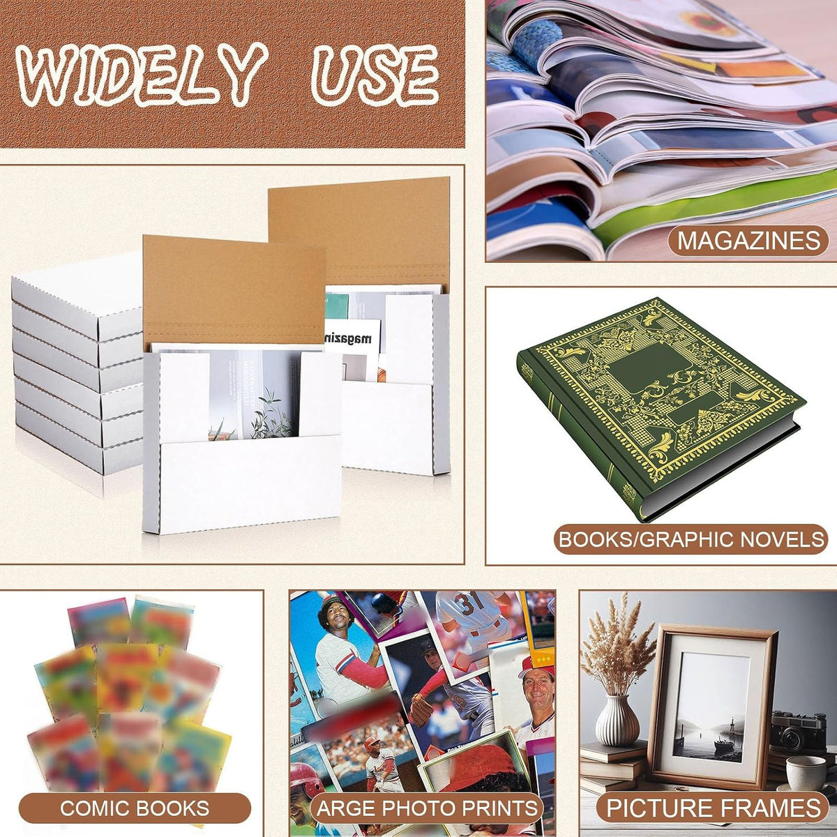 feifeiya 100 pack corrugated comic book mailers, 7.8 on a desk or shelf