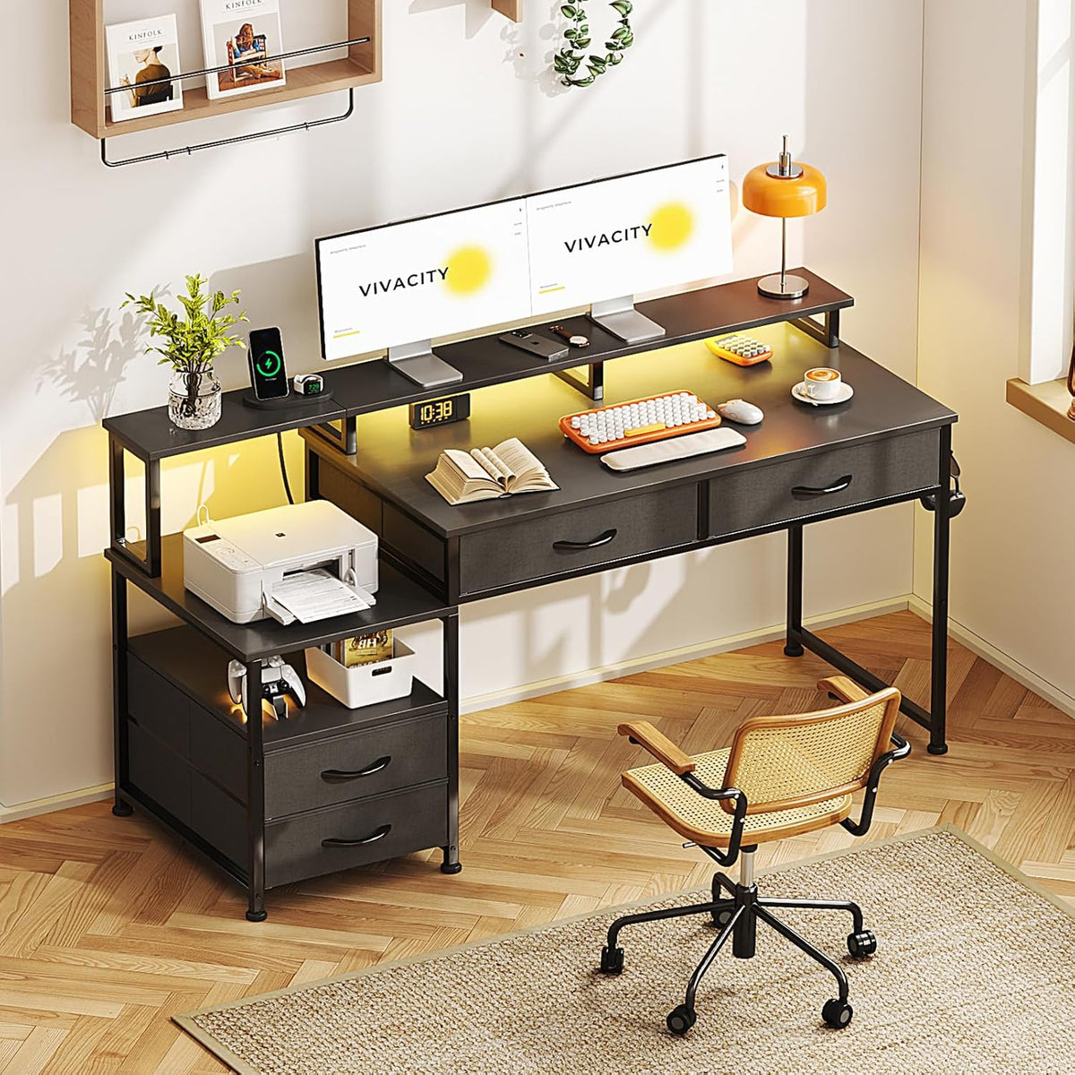 MUTUN 53" Computer Desk with 4 Drawers & Power Outlets, Reversible H...