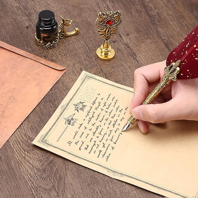 Junhartt Quill Feather Pen and Ink Set, Calligraphy Pen Glass Dip Pen and Wax - Image 3