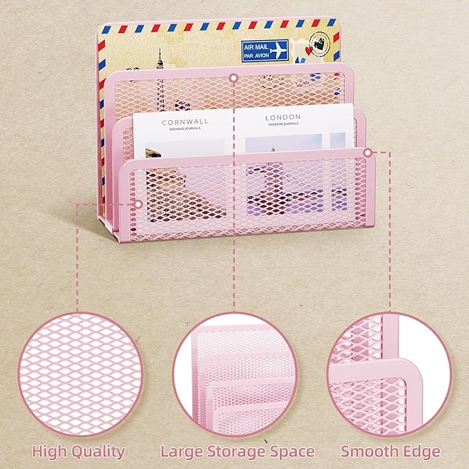 Marbrasse Mail Organizer for Desk, 3-Slot Mesh Metal Mail Holder countertop - Image 3