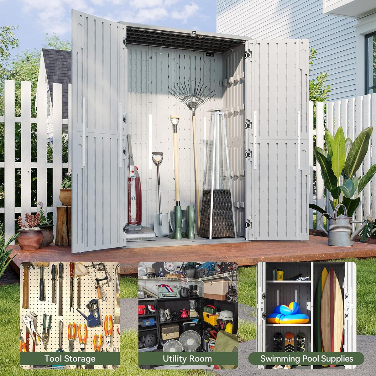 aoxun outdoor storage shed, 64 cu.ft vertical resin on a desk or shelf