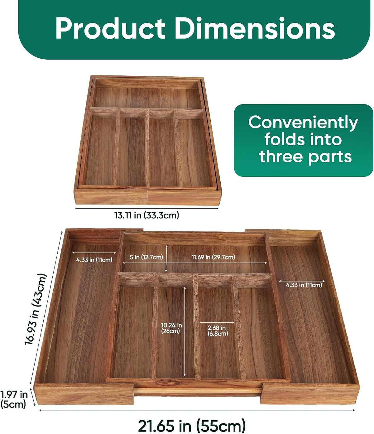 Acacia Wood Silverware Organizer, 7-Compartment Expandable Drawer Tray