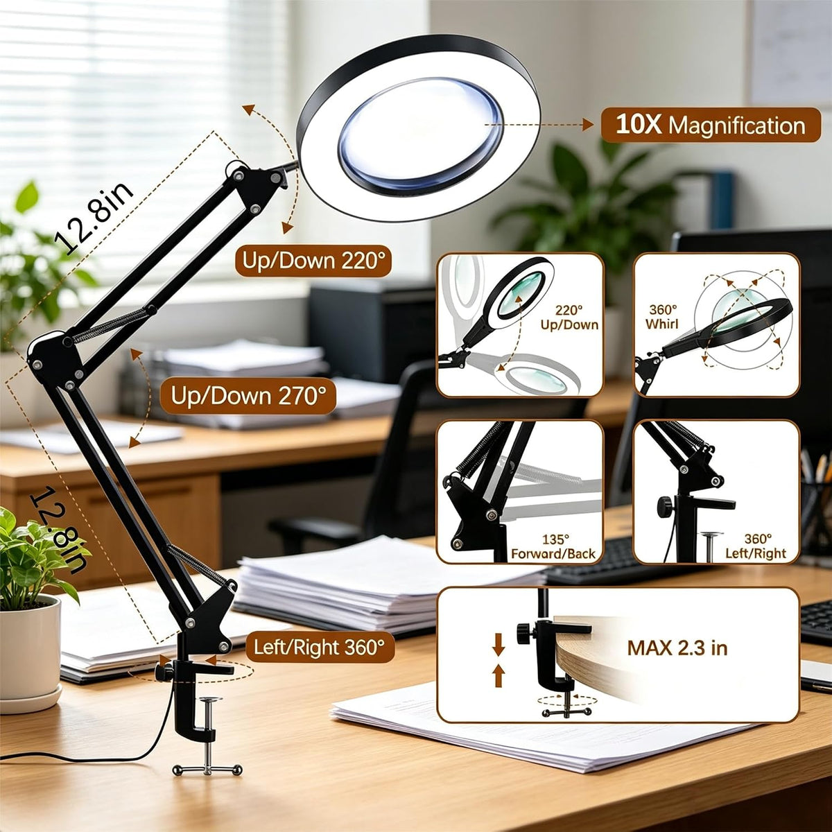 10X Magnifying Glass with Light and Clamp, Magnifier with Light Hands Free3 C...