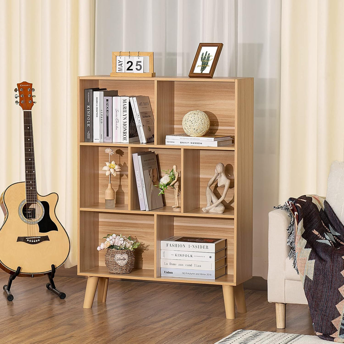 LEYAOYAO Cube Book Shelf, Mid-Century Modern Bookshelf with Legs, Natural