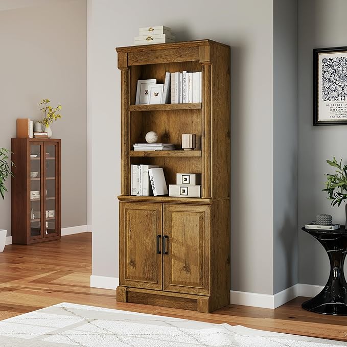 72" Roman Column Bookcase with Double Door Cabinet, 5 Tiers Tall Bookshelf by Bevfint