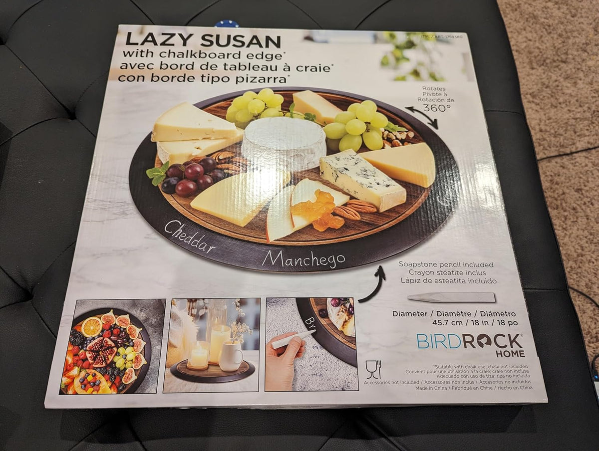 18" Large Lazy Susan Acacia Solid Wood with Chalkboard Edge for Labeling...