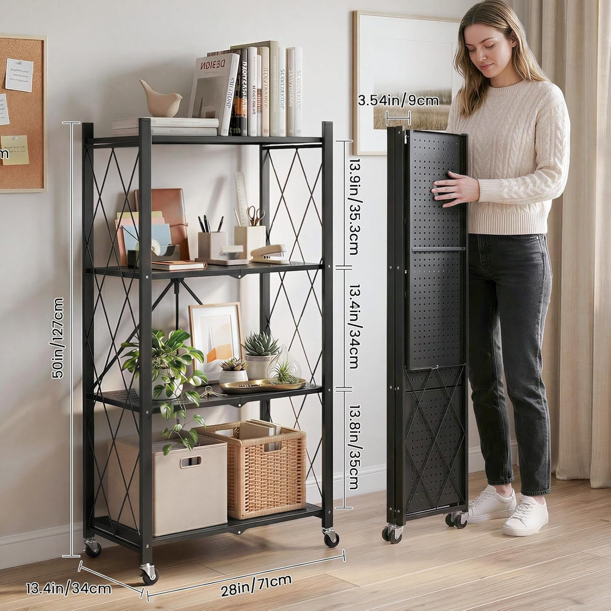 DEANIC 4 Tier Foldable Storage Shelves with Wheels, Large Capacity Shelving U...