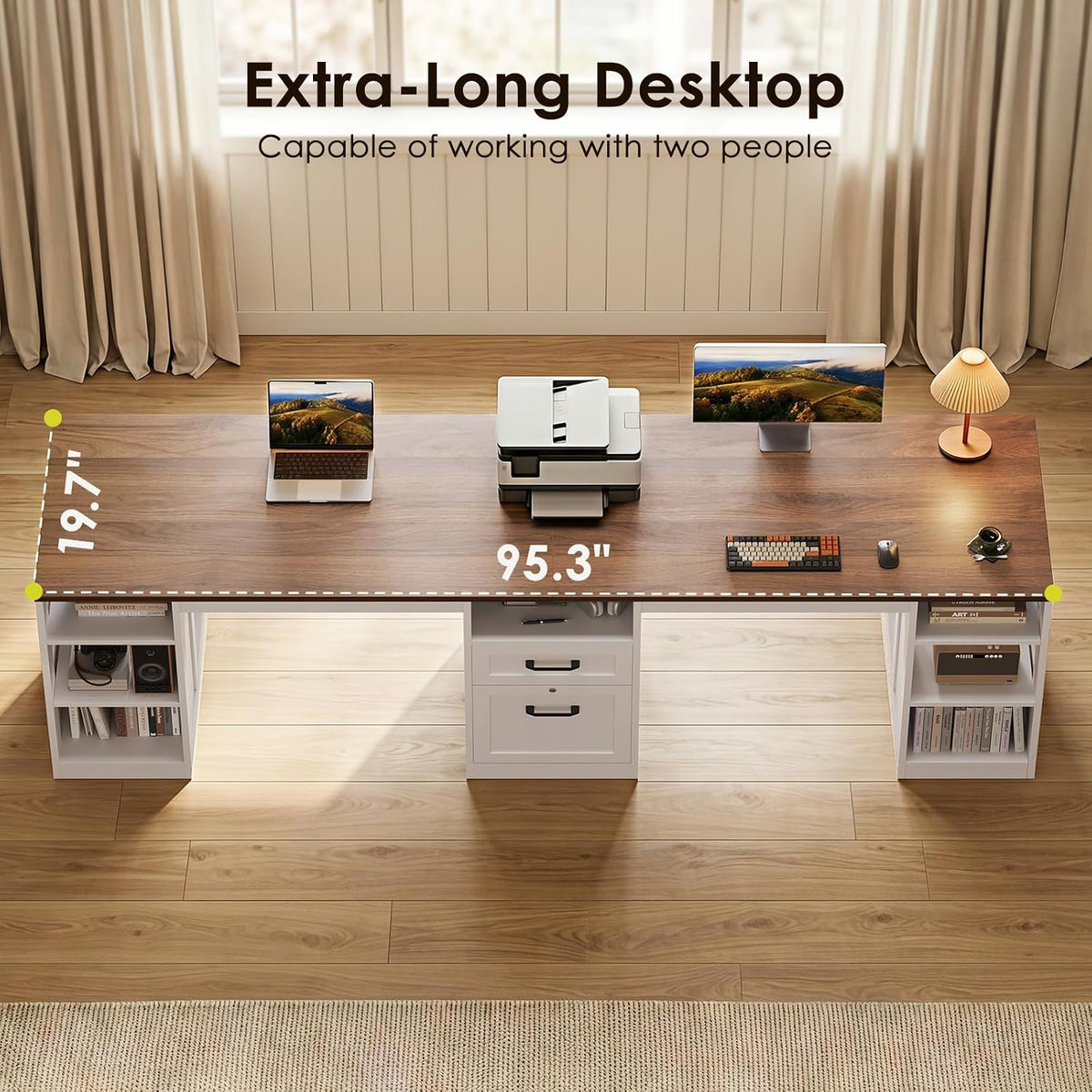 OffiGo Farmhouse 95.3 Inch Two Person Computer Desk, Walnut+ White