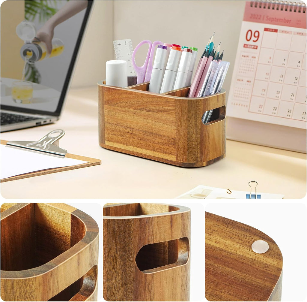 Acacia Pencil Pen Holder for Desk, Wooden Office Organizer with 3 Slots for Countertop, Makeup Brush Holder Remote Control Organizer for School Home Supplies