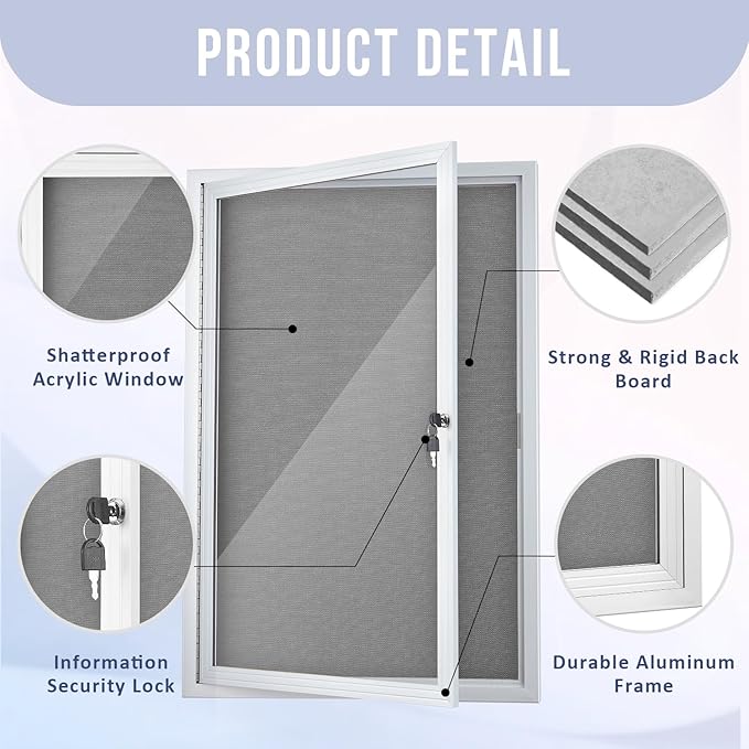 Homezelle Enclosed Bulletin Board 36"x24" Outdoor Weatherproof Cork Noticeboard - Image 3