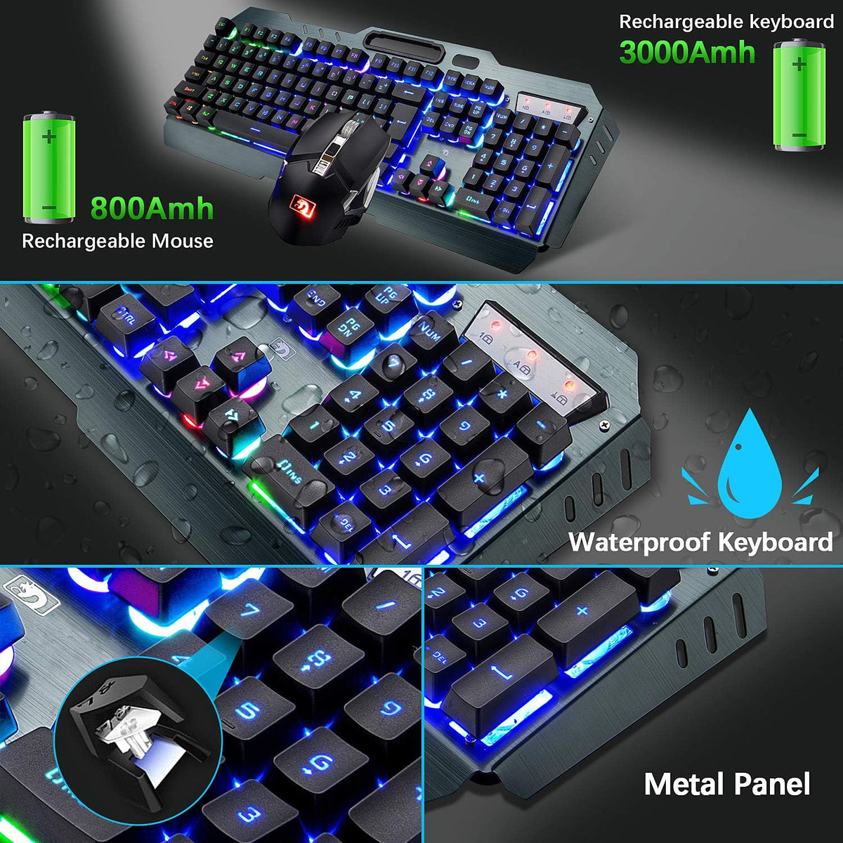 Wireless Gaming Keyboard and Mouse Combo,3 in 1 Rainbow LED Rechargeable Keyb...