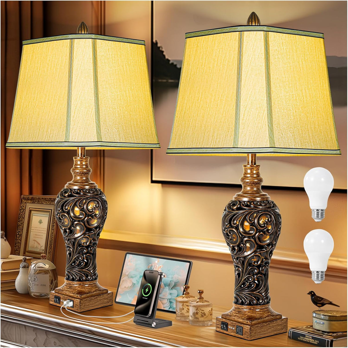 32'' Tall Rustic Vintage Table Lamps Set of 2 with Night Lights, Larg...