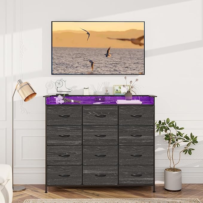 Welfuturer Black Dresser with LED Light 12 Drawers Dresser with Charging - Image 8