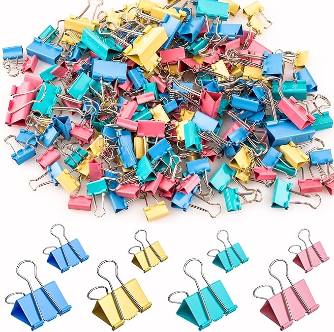 200 Count Colored Binder Clips Assorted Sizes, 4 Sizes Large, Metal Paper Clamps by KKEETUR