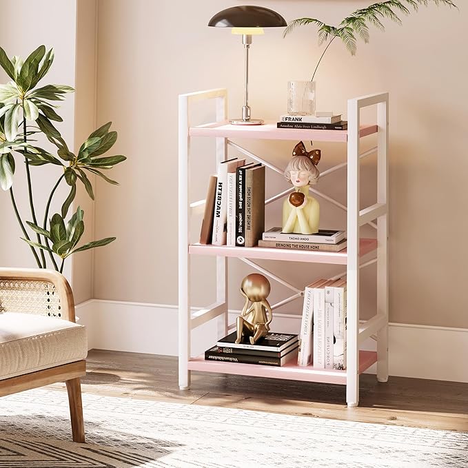 Homeiju Pink Bookshelf, 3 Tier Industrial Bookcase, Metal Small Bookcase - Image 5