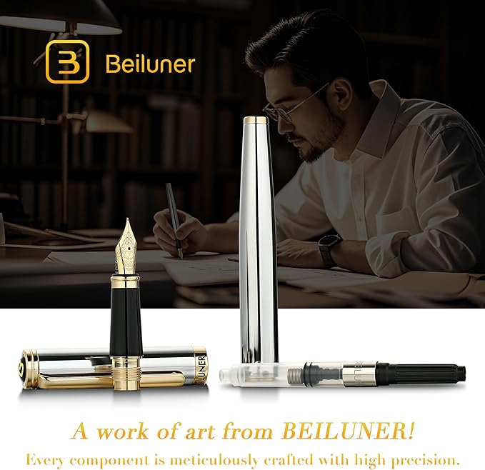 BEILUNER Silver Chrome Fountain Pen, Stunning Luxury - Image 6