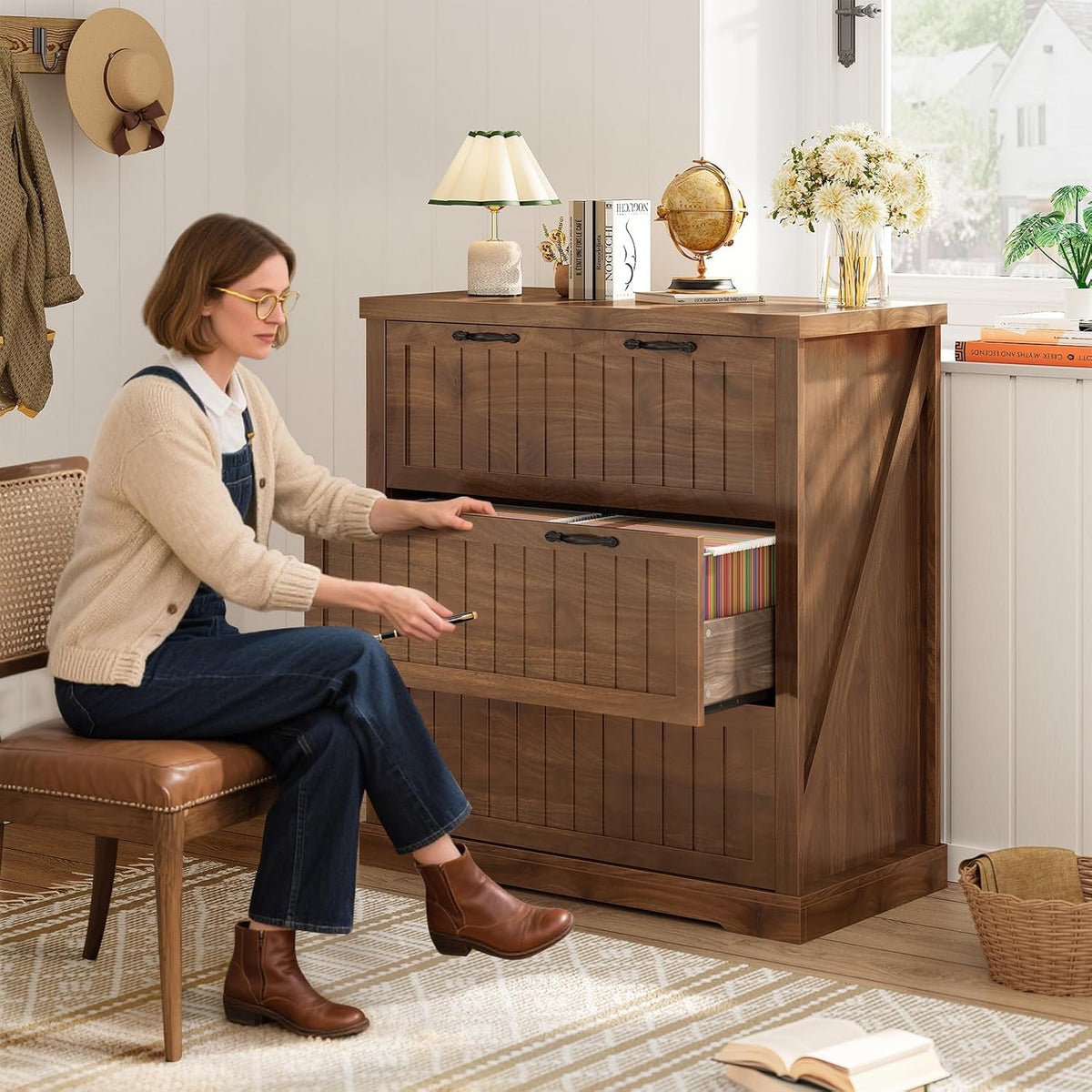sedeta farmhouse 3 drawer file cabinet for home, side view