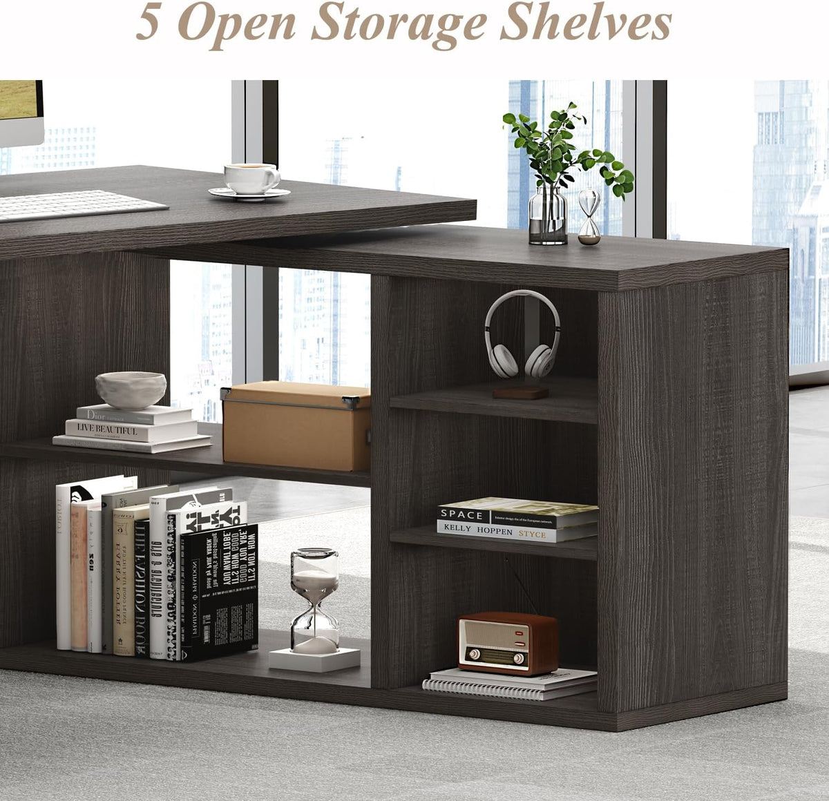 HSH L Shaped Computer Desk, Rustic Wood Corner Desk, Dark Gray Oak, 55 inch