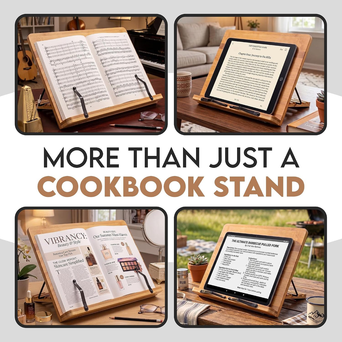 Bamboo Cookbook Stand Large, Adjustable Book Holder Tray and Page Paper Clips...