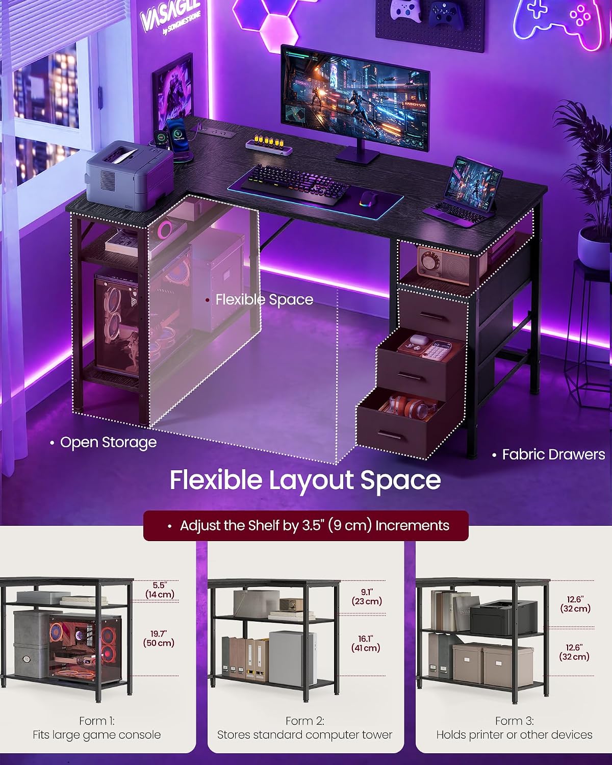 VASAGLE L Shaped Computer Desk with Drawers, Small Gaming Desk with Shelves