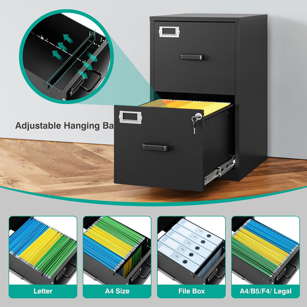 sisesol 2 drawer file cabinet with lock,narrow vertical, side view