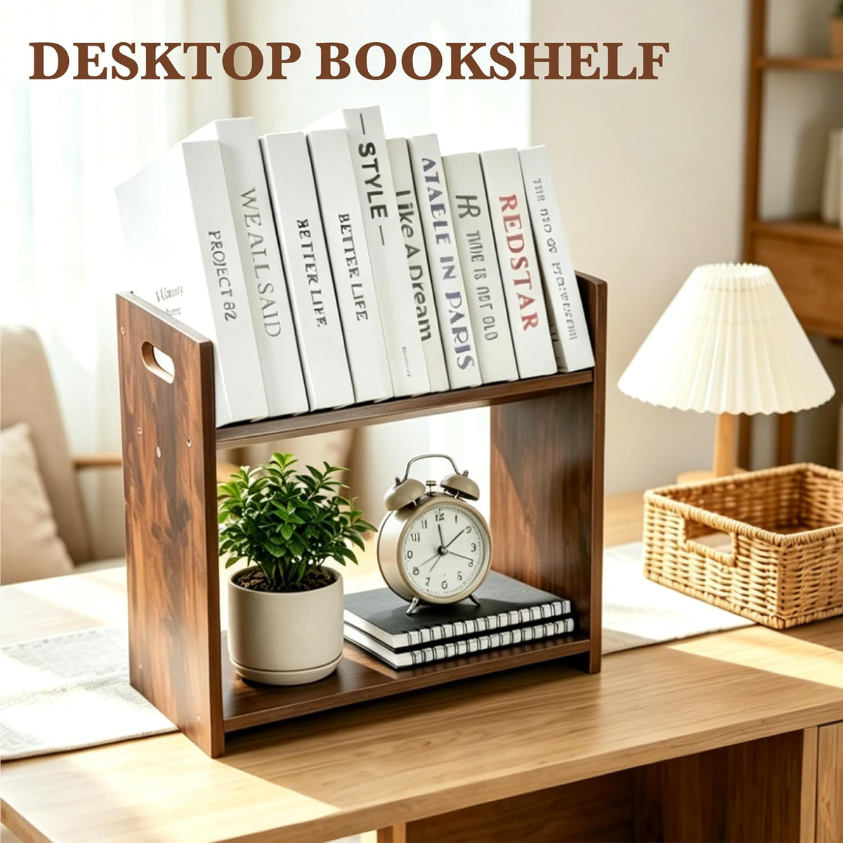 Desktop Bookshelf, 2 Tier Desk Shelf Organizer, Wood Office Tabletop Bookcase...