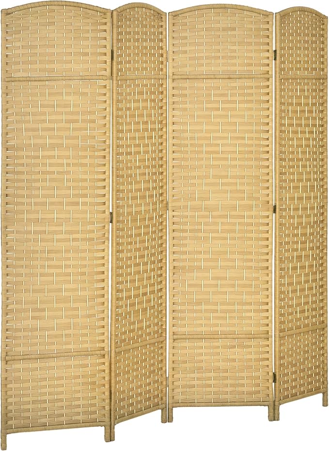 HOMCOM 4 Panel Room Divider, Hand-Woven Freestanding Wood Partition by HOMCOM