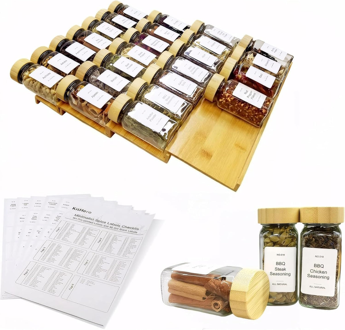 Spice Drawer Organizer with 28 Bamboo-lidded Spice Jars and 216 Labels,Non-sl...
