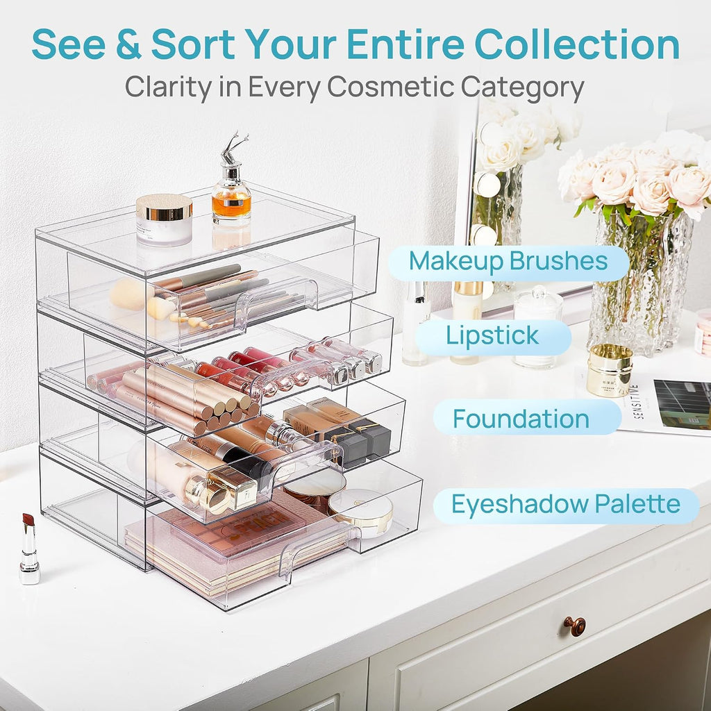 vtopmart clear stackable storage drawers, 2 pack wide, side view