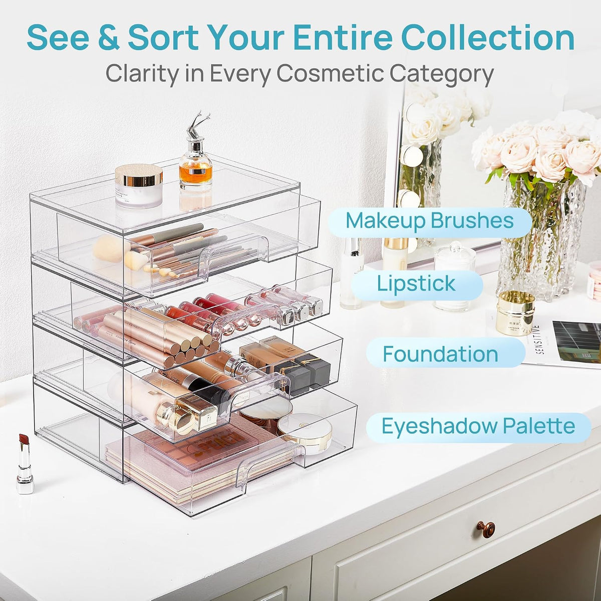 vtopmart clear stackable storage drawers, 2 pack wide, side view