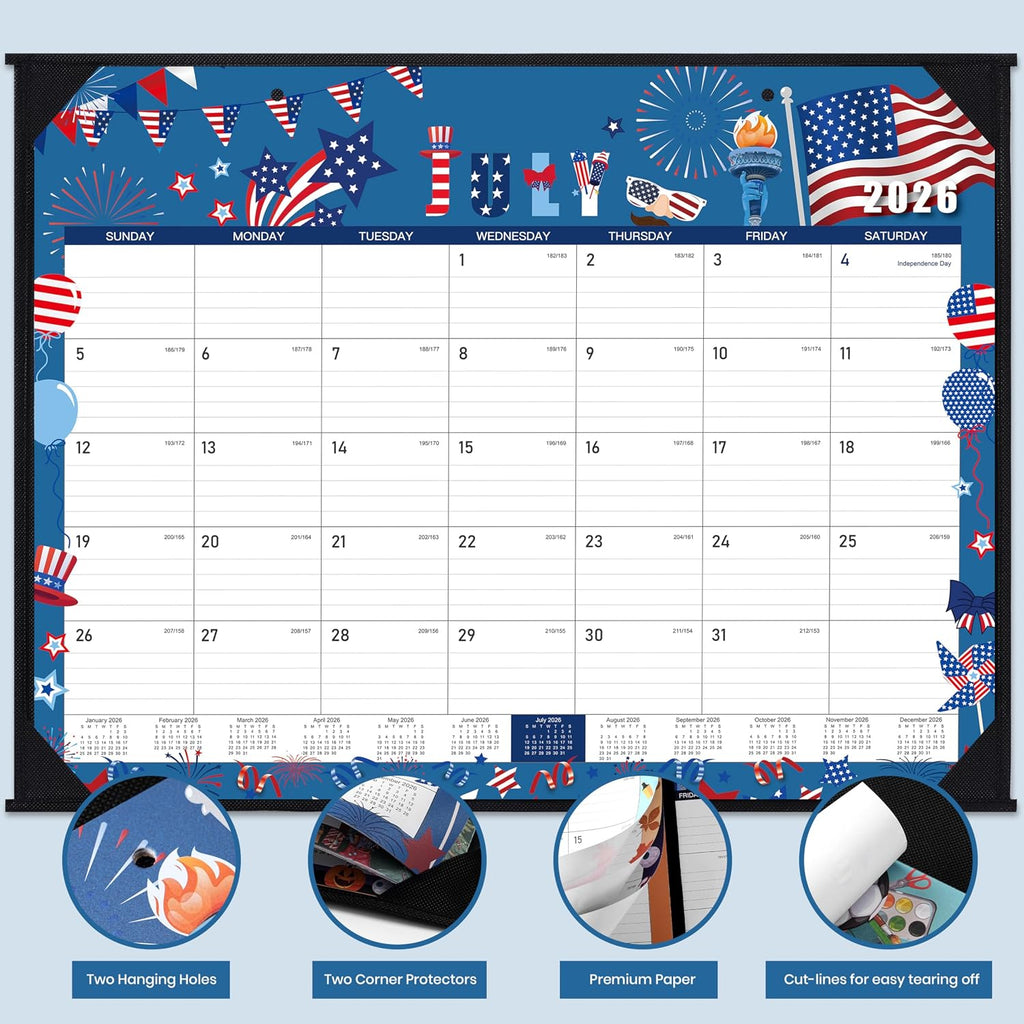 Desk Calendar 2026-2027, July 2026 - December 2027, 22"×17" | 18 Monthly Large Desk Calendar 2026-2027, 2 Corner Protectors & 2 Hanging Hooks, Large Ruled Blocks