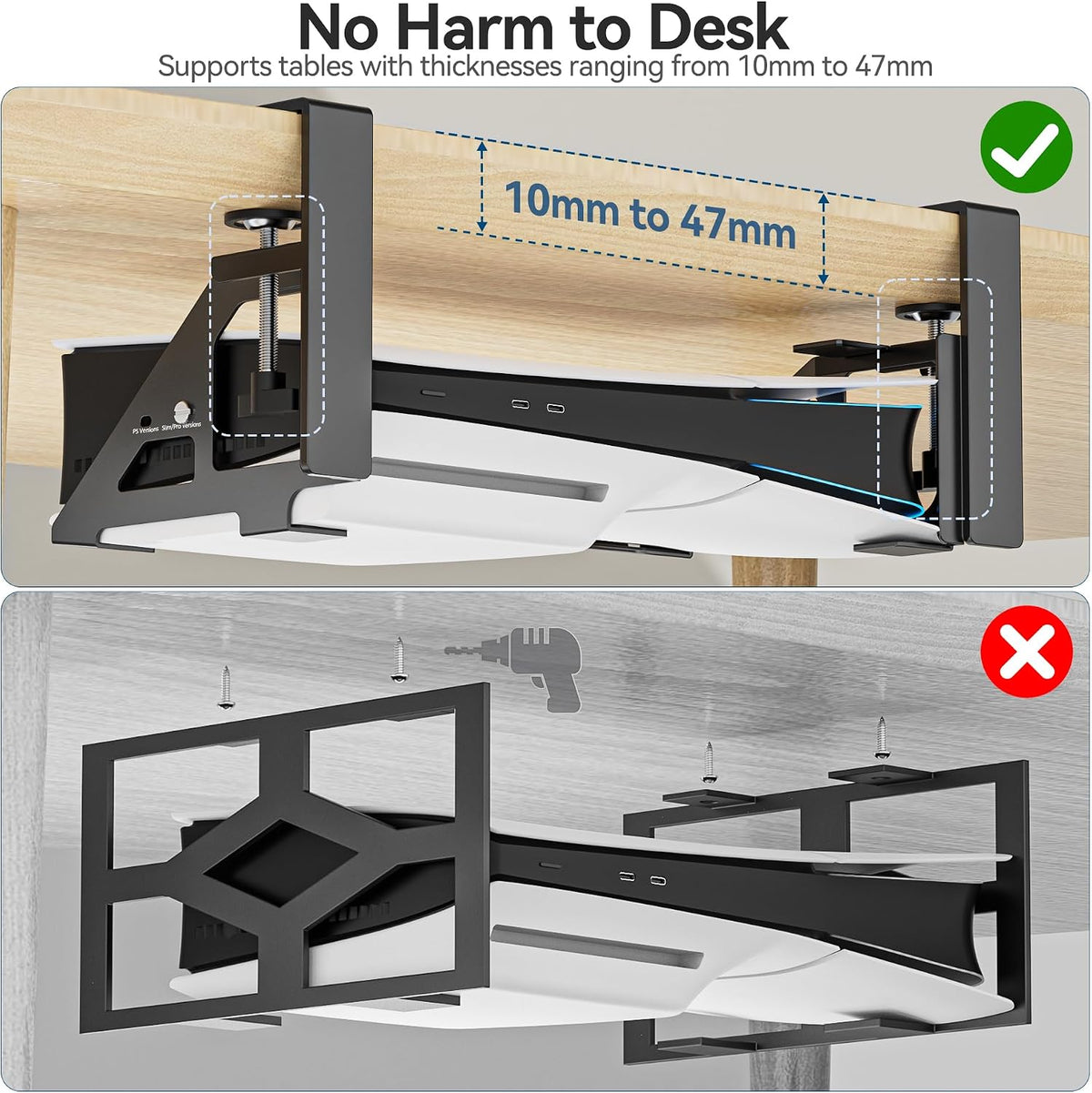 Kosker No-Drill PS5/Slim/Pro Under Desk Mount, Metal Under Desk PS 5 Mount fo...