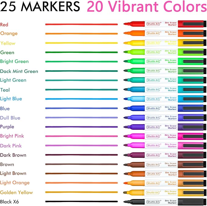 Shuttle Art Dry Erase Markers, 25 Pack 20 Colors Whiteboard Markers, Bundled - Image 3