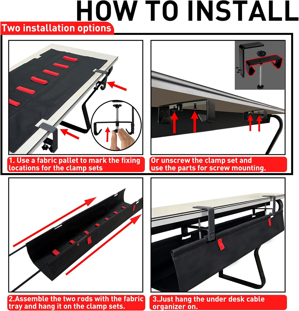 No Drill Under Desk Cable Management Tray, 36" Desk Cable Organizer