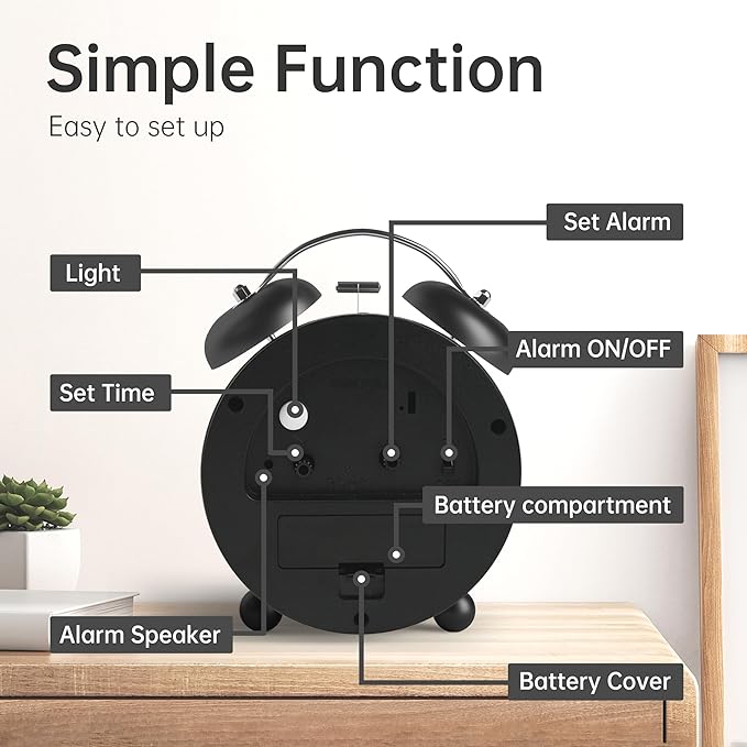 Twin Bell Loud Alarm Analog Alarm Clock, 4 inch Super Silent Non Ticking Small - Image 6