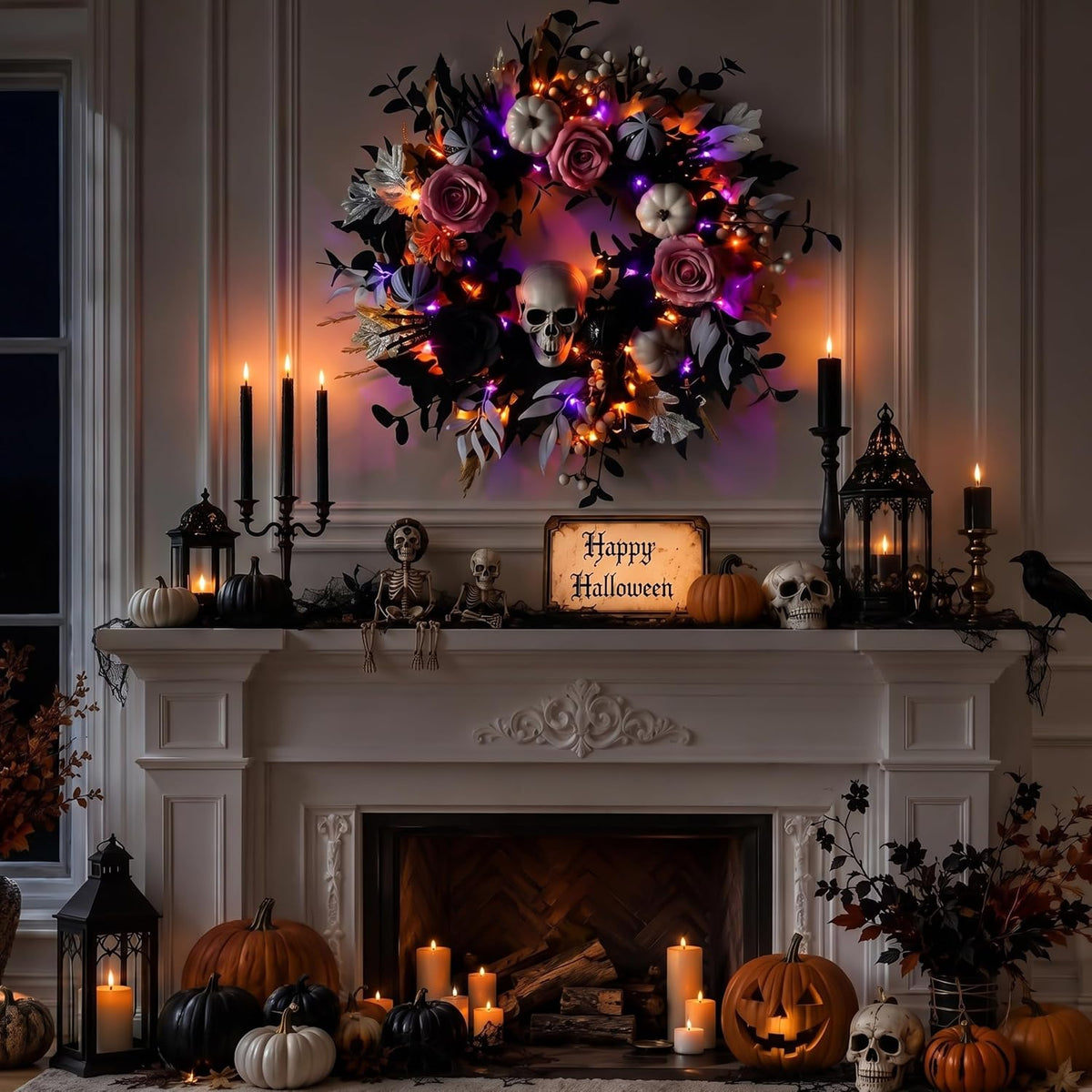24'' Halloween Wreath for Front Door with Lights, Skeleton Skull