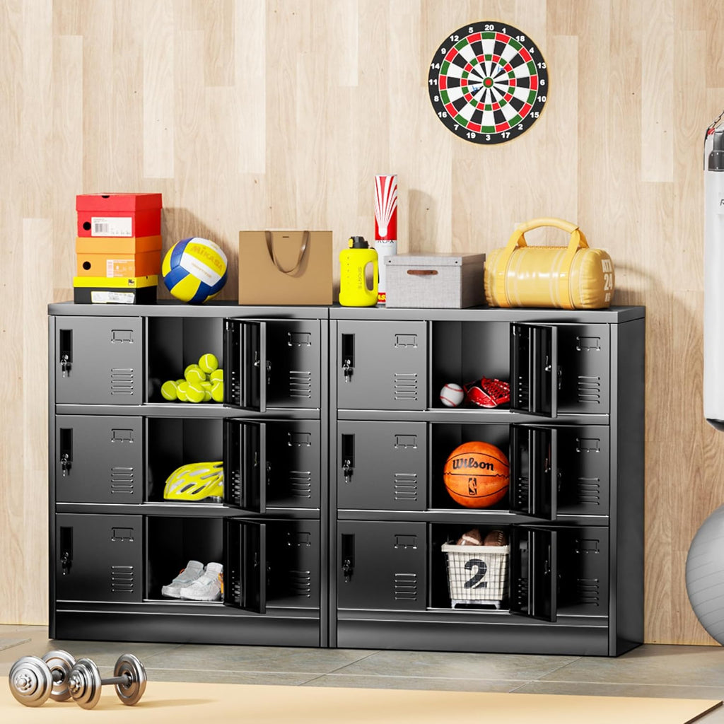9 Door Metal Lockers for Employees, Black Lockable Steel Locker with Lock and Card Slot for Office, Gym, School, Home, Garage, Assembly Required