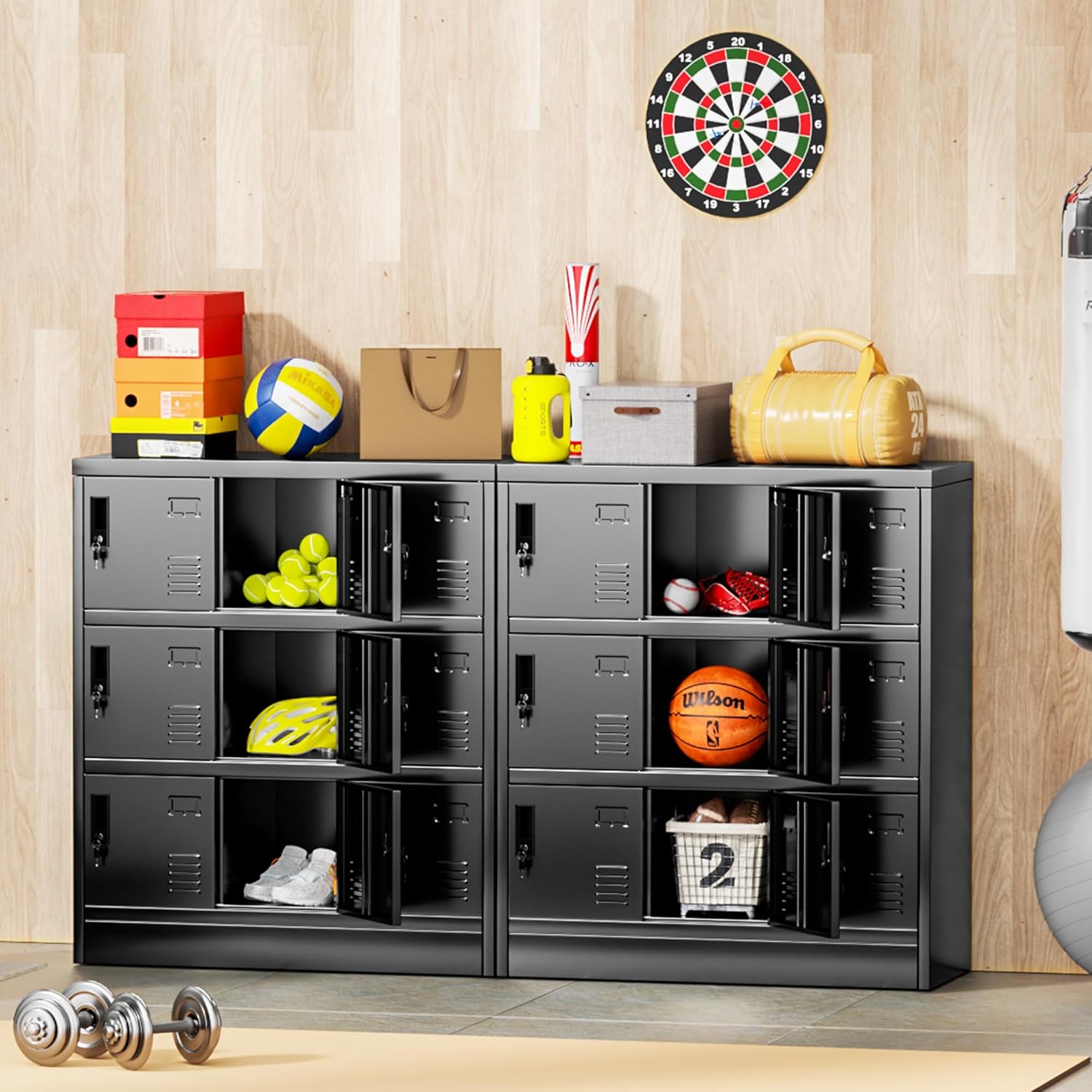 9 Door Metal Lockers for Employees, Black Lockable Steel Locker with Lock and Card Slot for Office, Gym, School, Home, Garage, Assembly Required