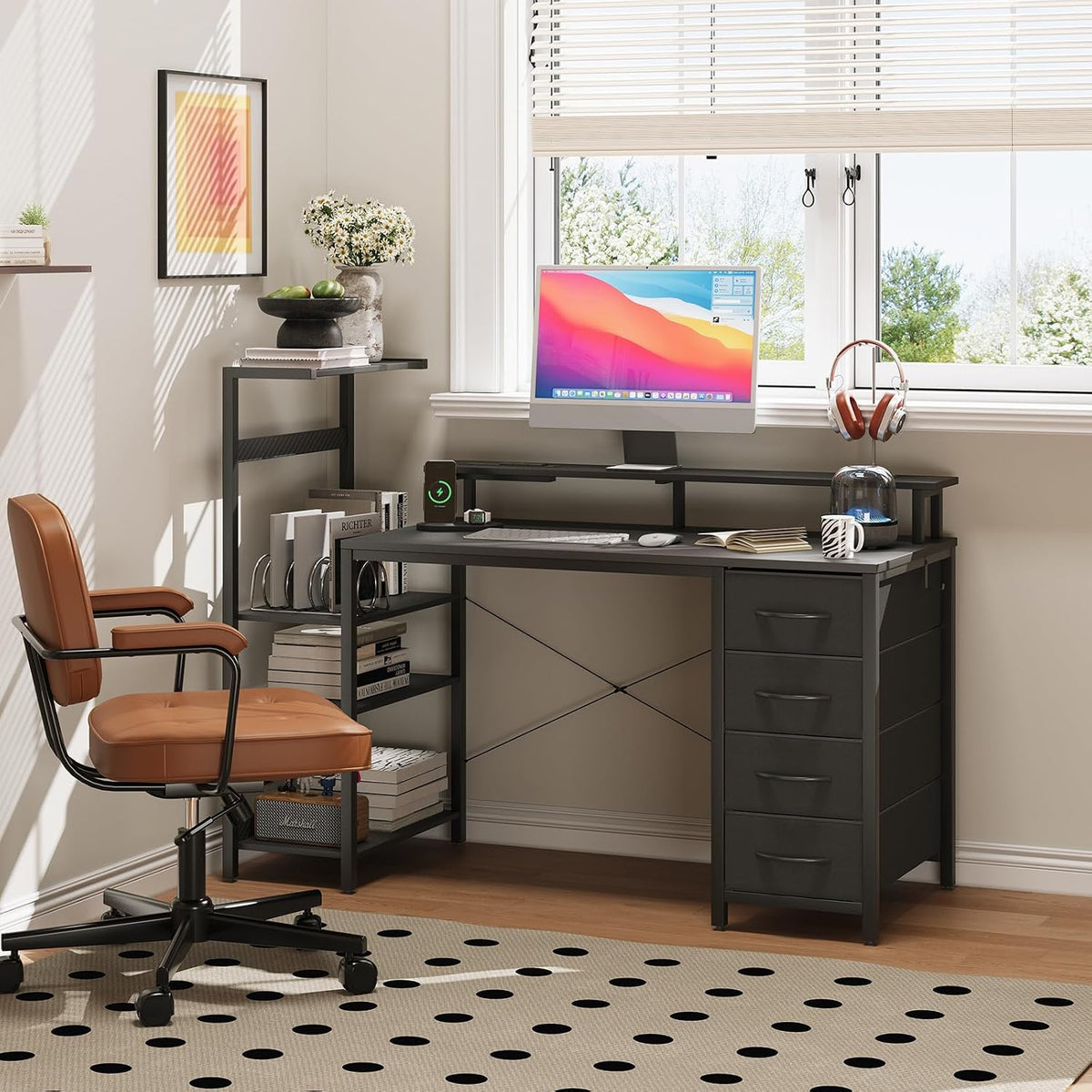 51in Gaming Computer Desk with Drawers & Power Outlet & LED Lights, B...