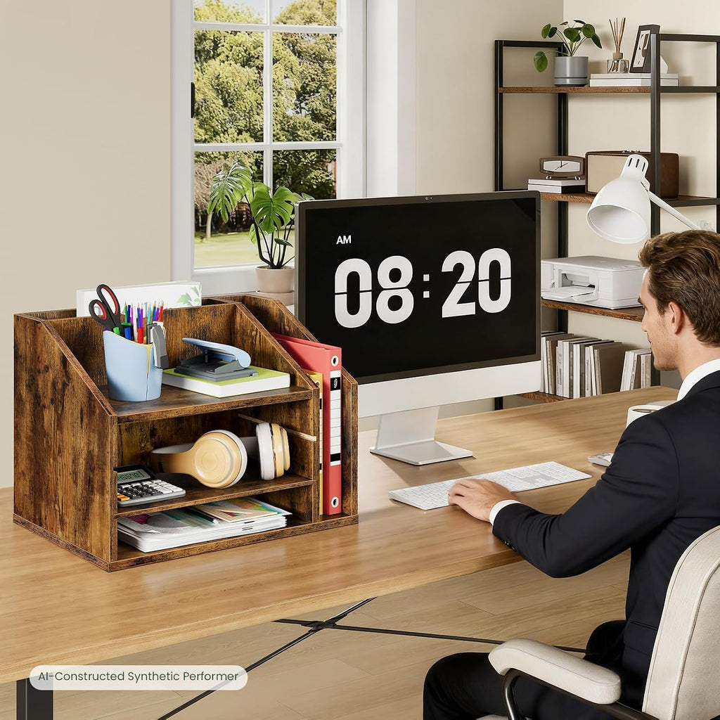 choezon wooden desk organizer with adjustable partitions, rustic shown in use
