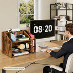 choezon wooden desk organizer with adjustable partitions, rustic shown in use