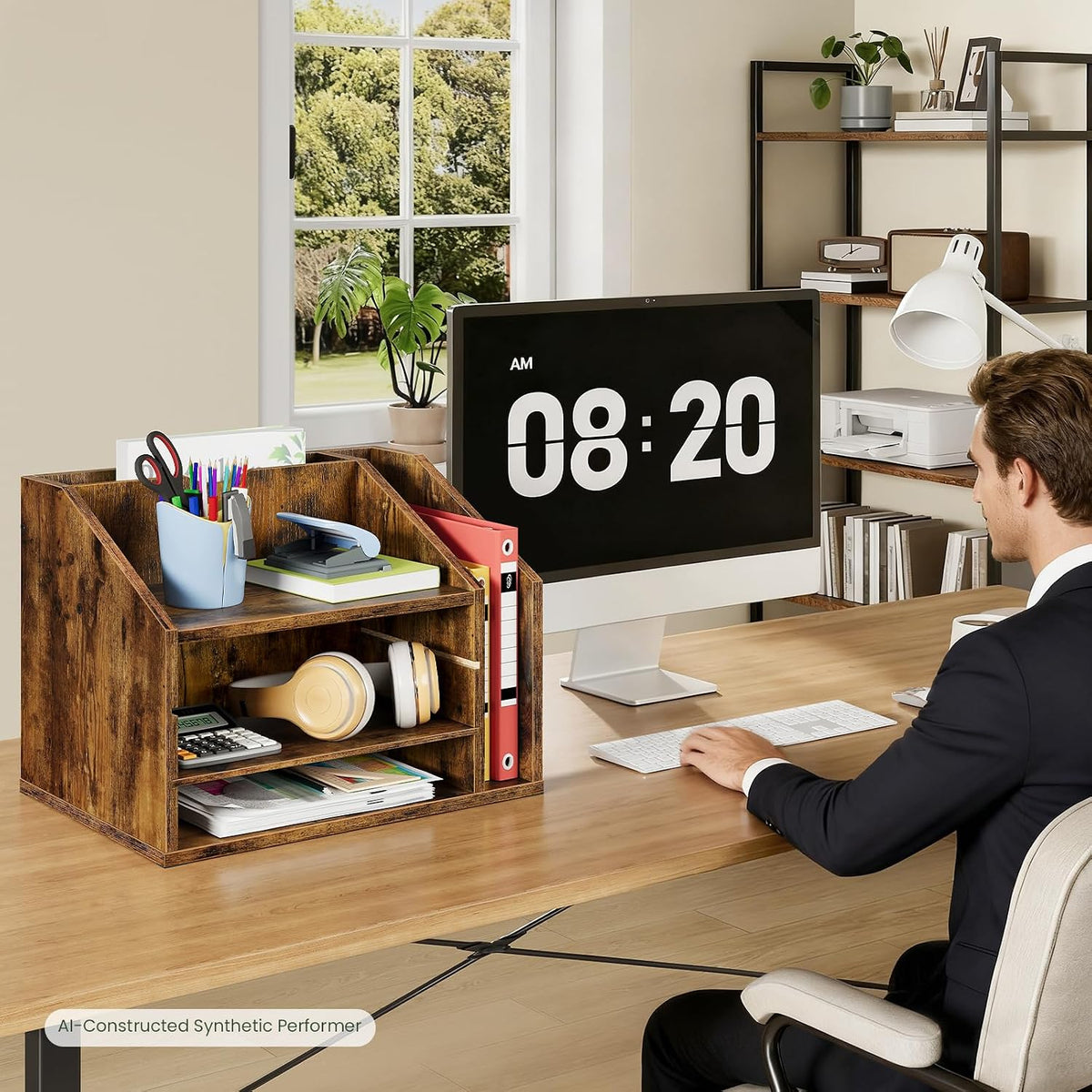 choezon wooden desk organizer with adjustable partitions, rustic shown in use