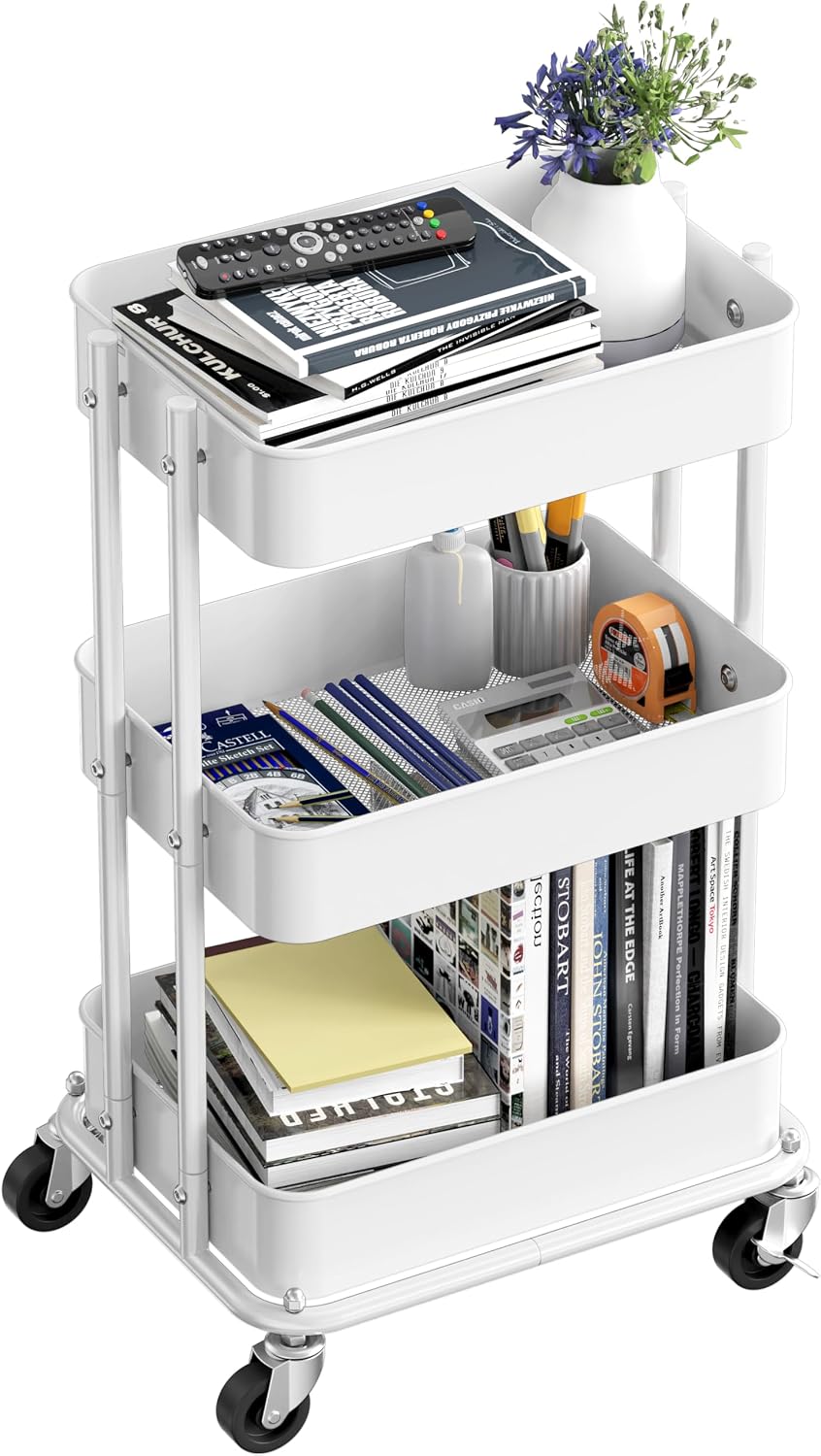 Simple Houseware 3-Tier Utility Cart, Low 24" Height Fits Under Desk, White